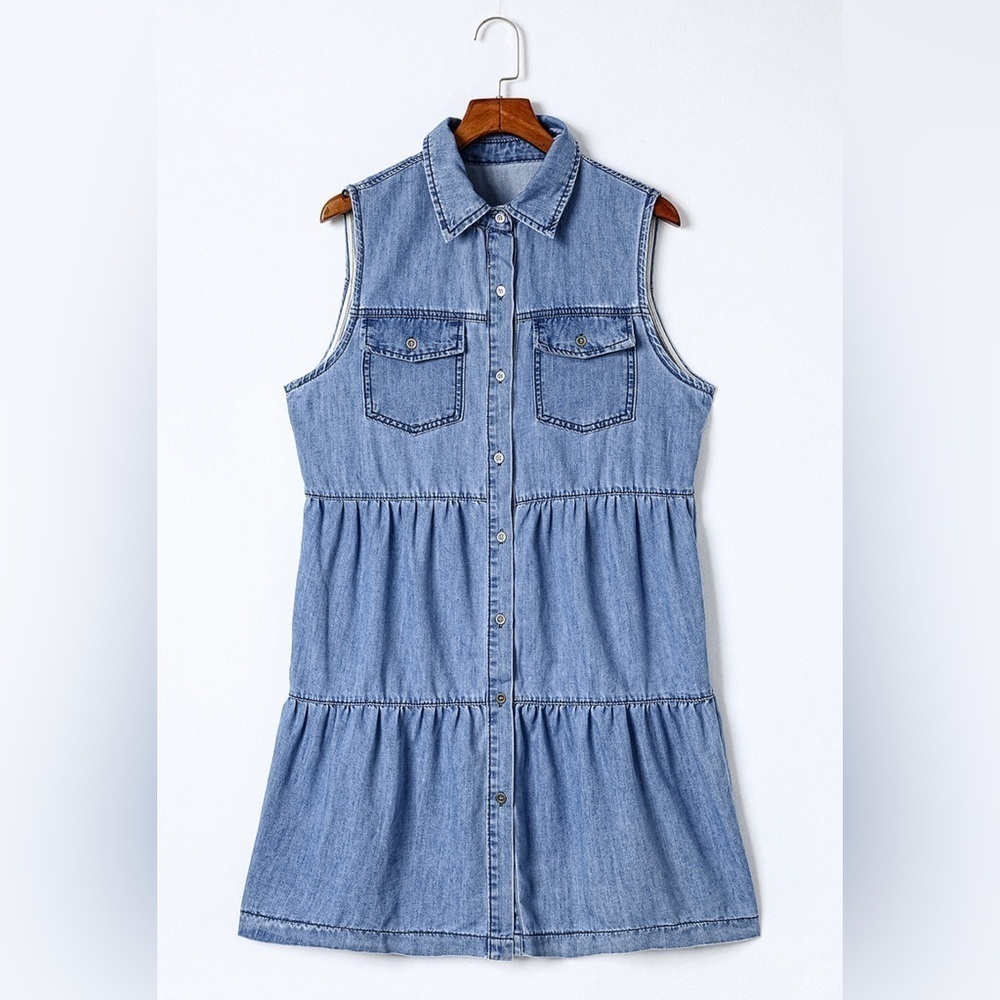 Sleeveless Denim High Waist Button front Dress Tiered Skirt Boho Western Medium - Picture 2 of 13